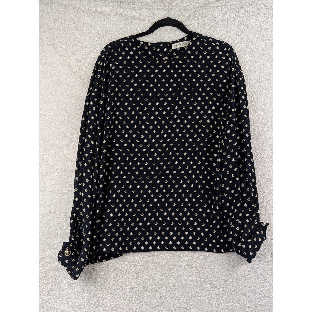 Josephine Chaus Womens 2X Navy Blue Crest Print Long Sleeve Back Button Blouse